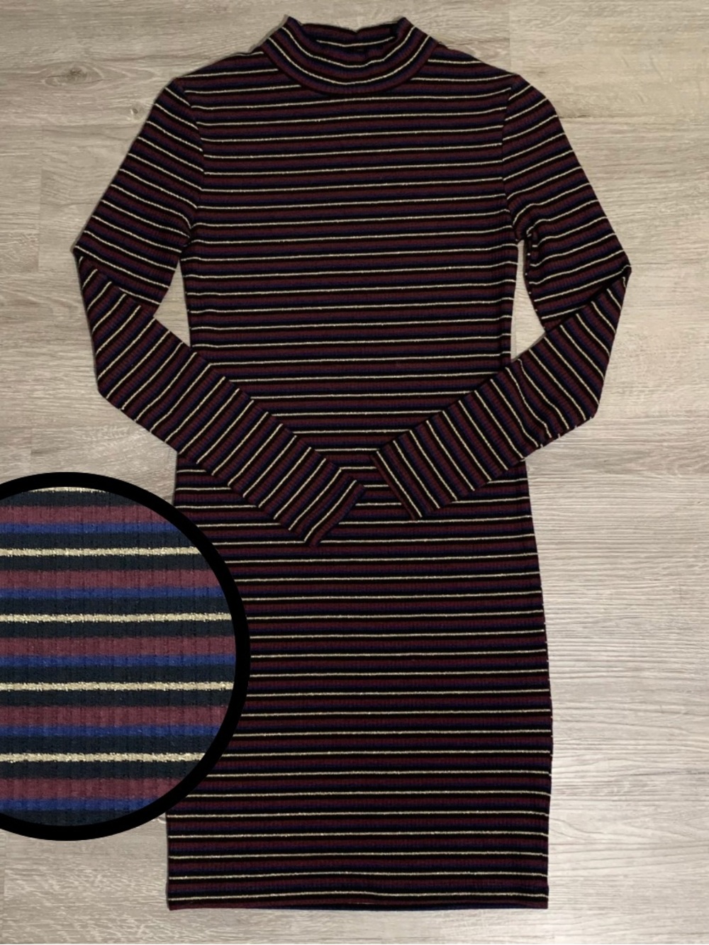 Topshop Striped Turtleneck Bodycon Dress in Burgundy, Navy, Black and Metallic